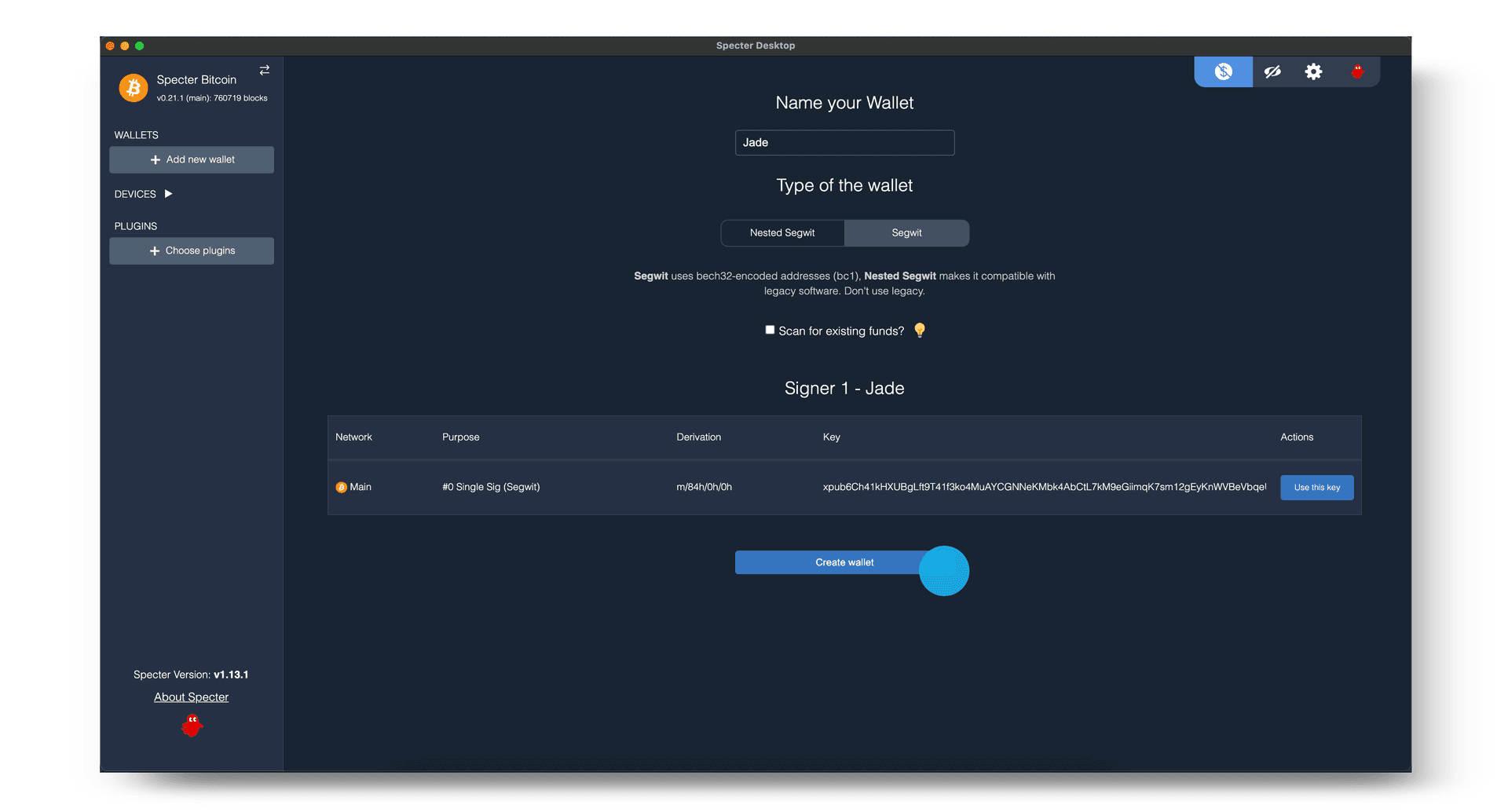 Specter wallet and script type selection with Create wallet