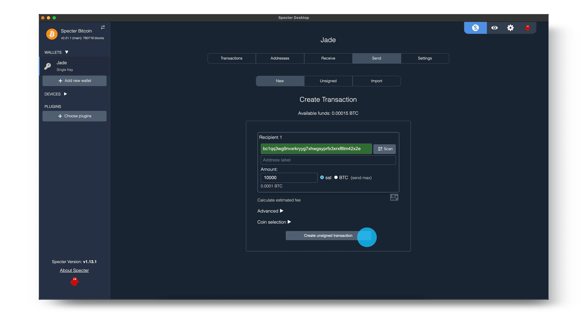 Specter Create unsigned transaction