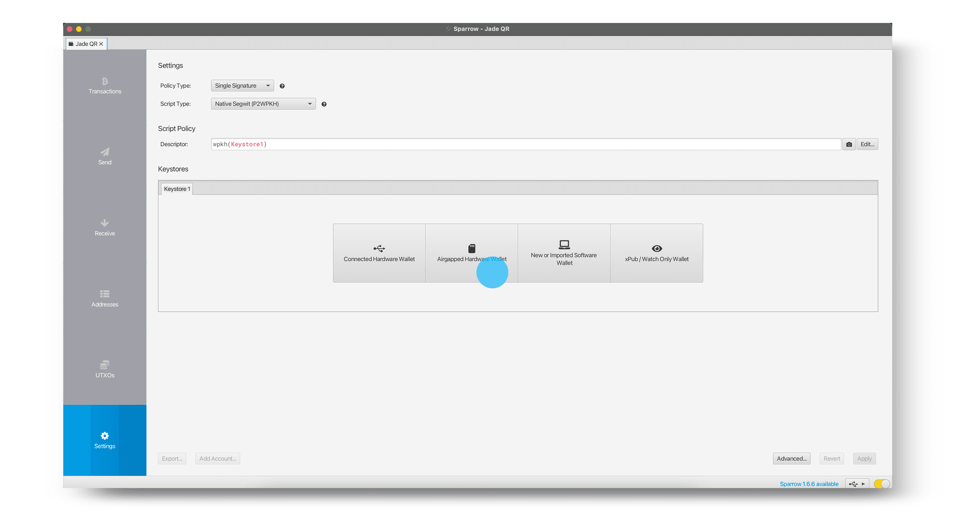 Sparrow Airgapped Hardware Wallet option with the Jade xpub