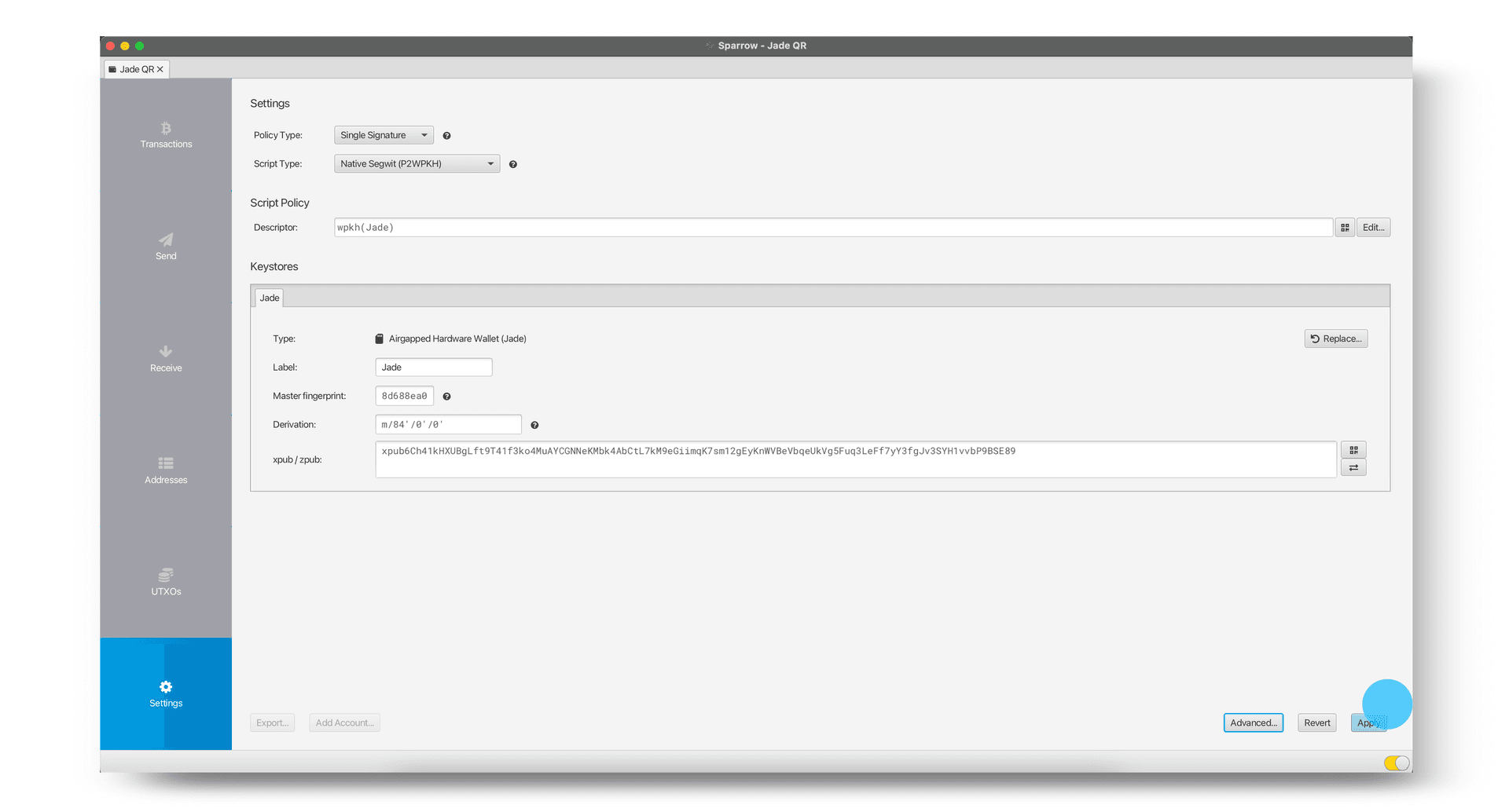 Sparrow Apply to finalize wallet creation