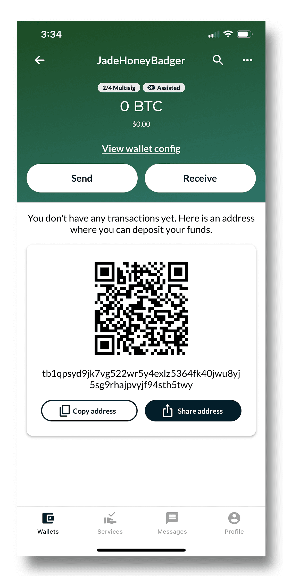 Nunchuk multisig wallet ready to receive and send bitcoin