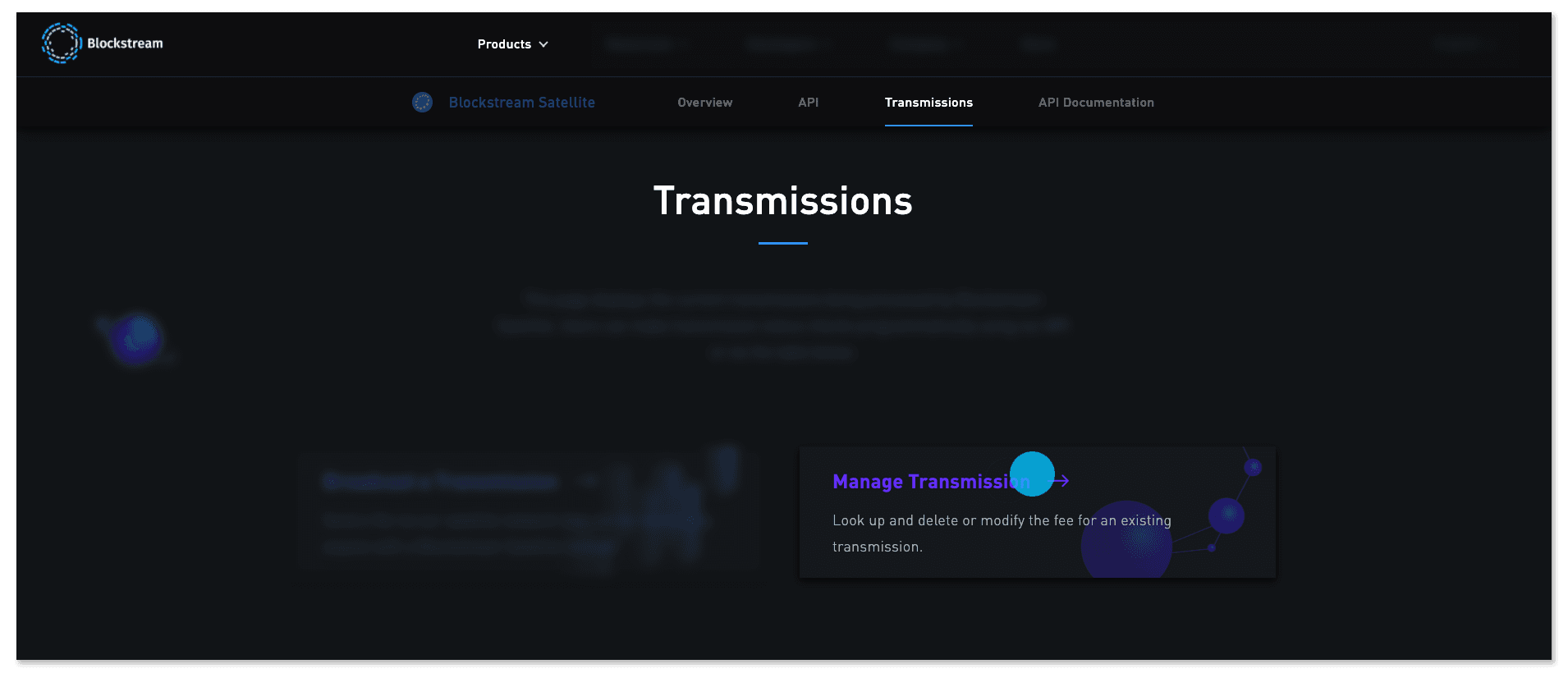 Blockstream Satellite transmission page with Manage Transmission selected