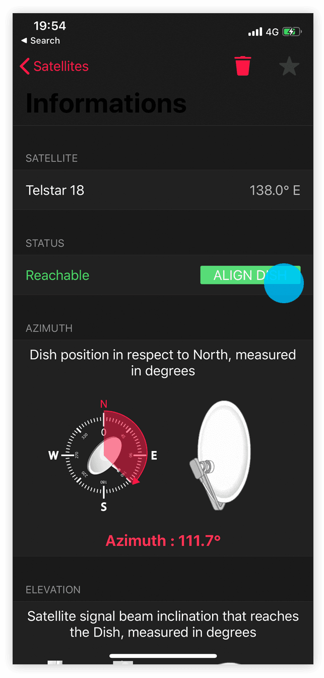 Satellite position relative to the installation location