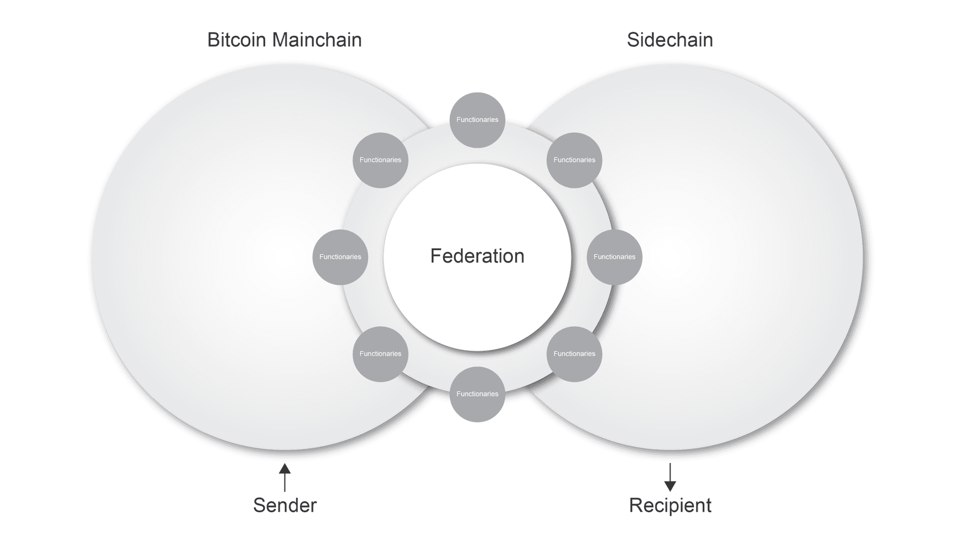 The Bitcoin mainchain and a sidechain shown as overlapping circles, with a ring of federation functionaries between them. A sender enters on the mainchain side and a recipient receives on the sidechain side.