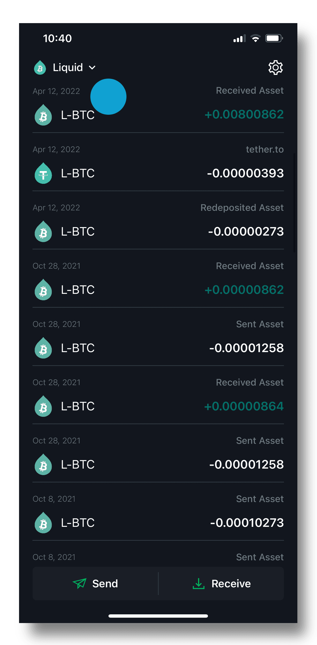Liquid wallet showing LBTC after the peg-in completes
