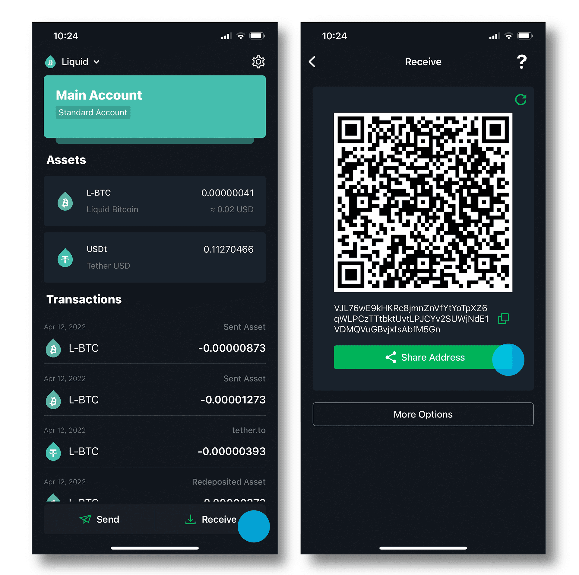 Liquid wallet generating a receiving address
