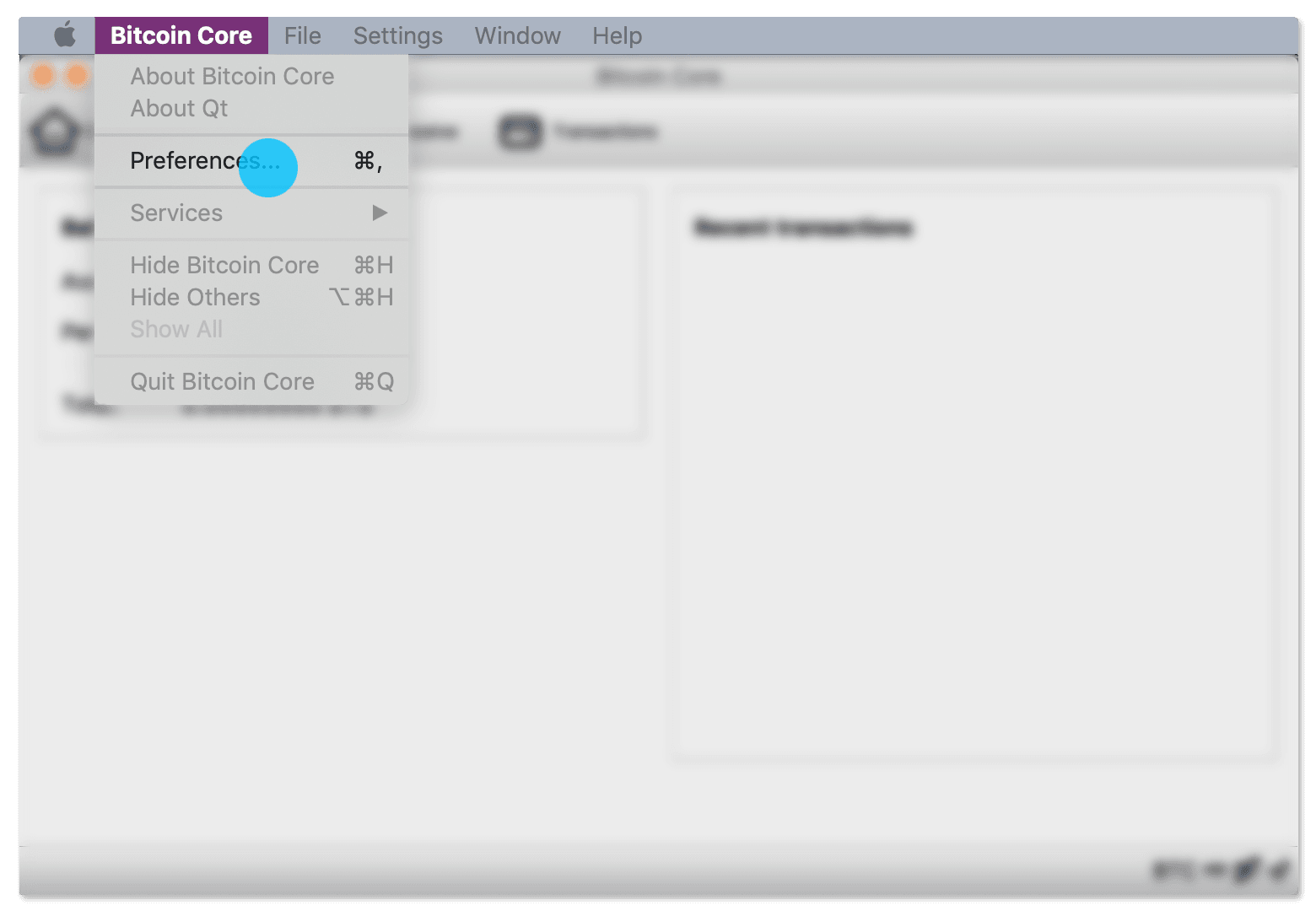 Bitcoin Core settings menu