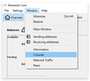 Elements Core console window