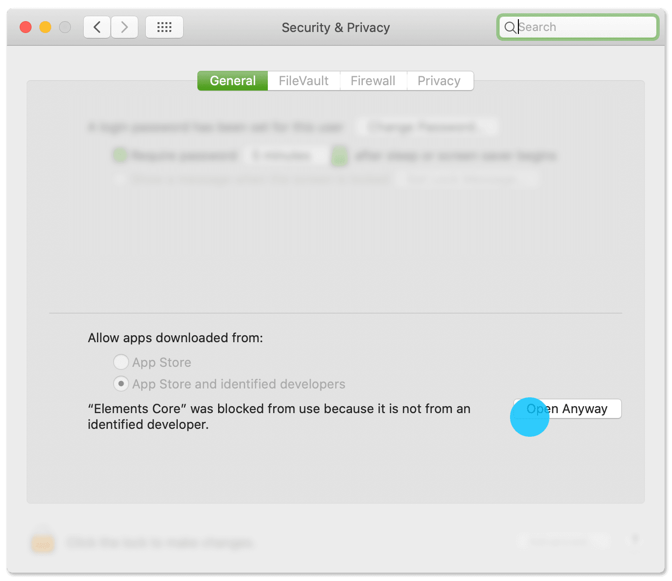 macOS message that Elements Core is blocked because it is not from an identified developer