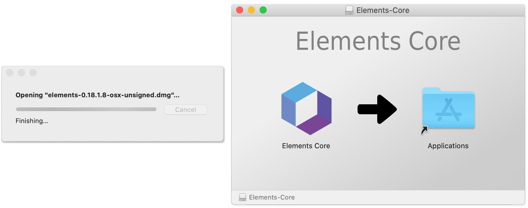 Elements Core being dragged into the Applications folder