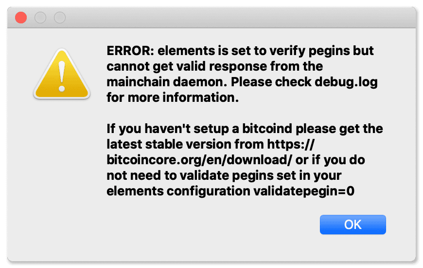 Elements Core warning that it cannot get a valid response from the mainchain daemon