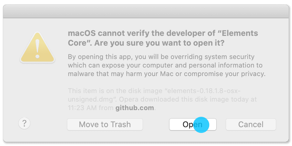 macOS warning that the developer of Elements Core cannot be verified