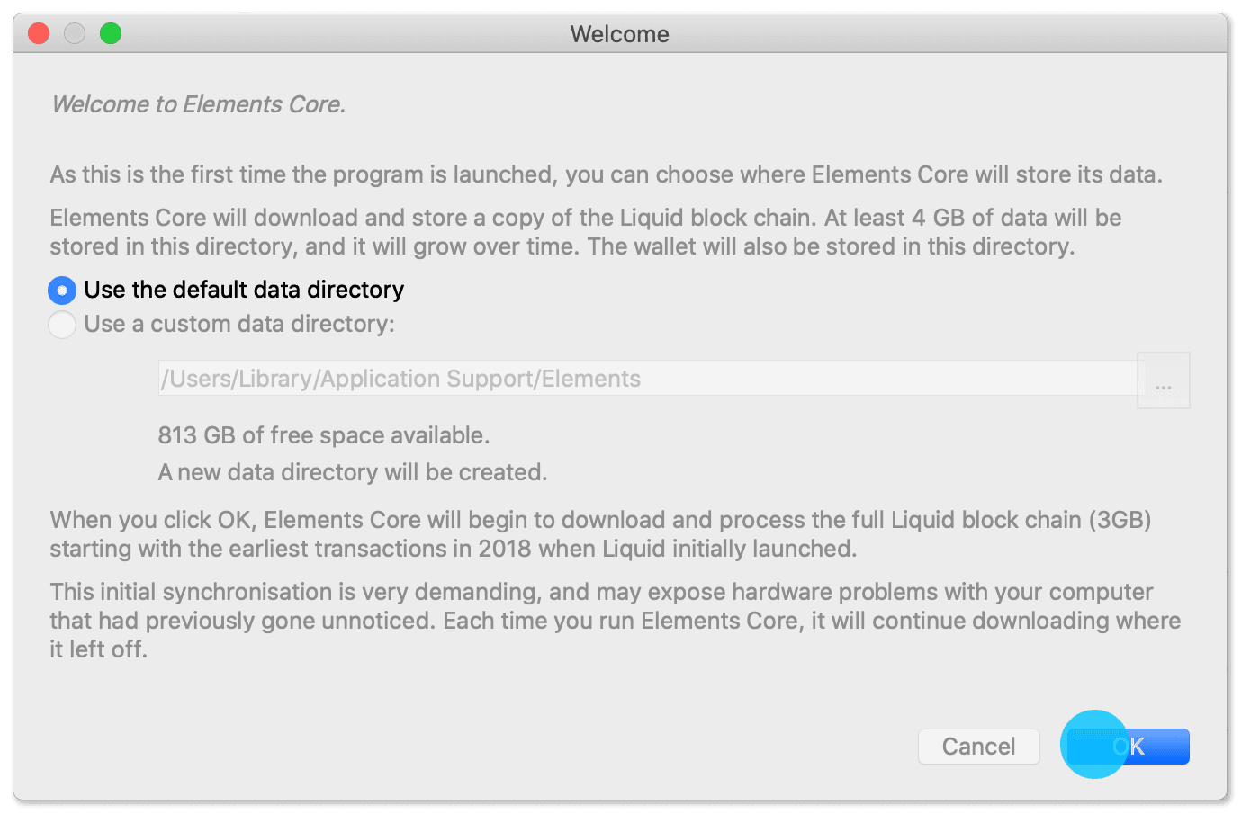Elements Core prompt to accept the default data directory