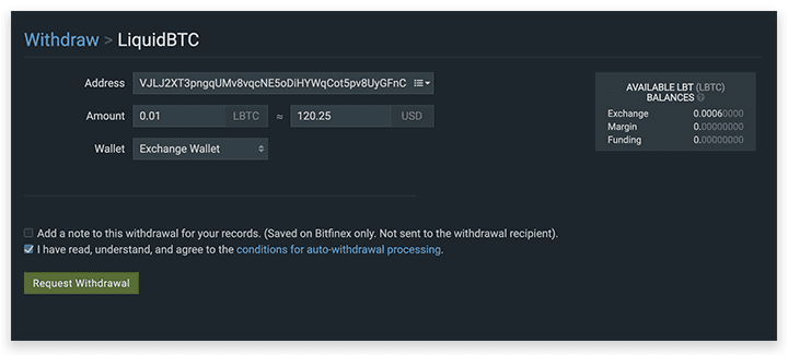 Bitfinex withdrawal request form