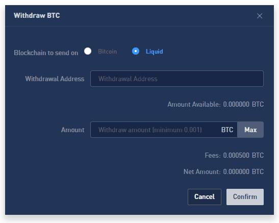 BTSE wallet with Liquid selected