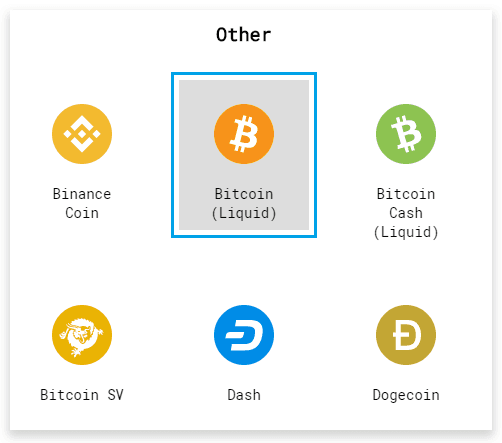 SideShift asset picker with Bitcoin (Liquid) selected
