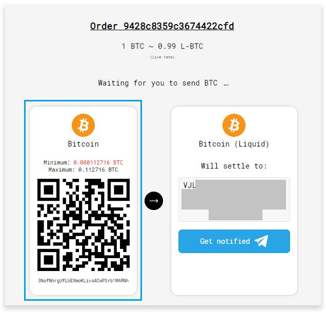 SideShift QR code and Will settle to field