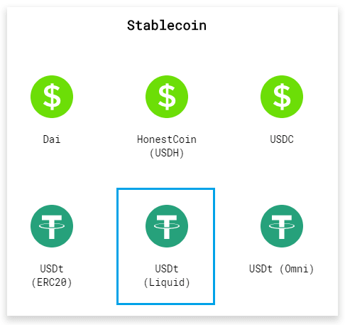 SideShift asset picker with USDT (Liquid) selected