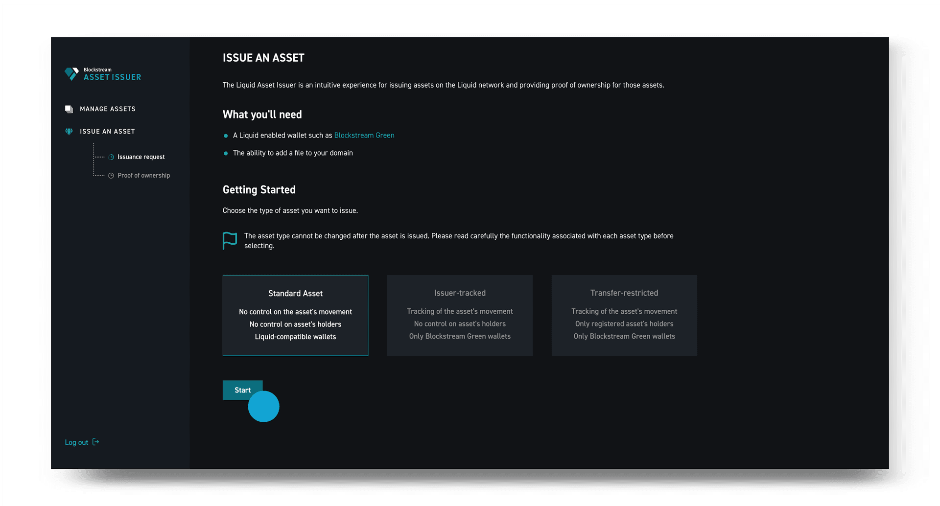 Asset type selection showing Standard Assets