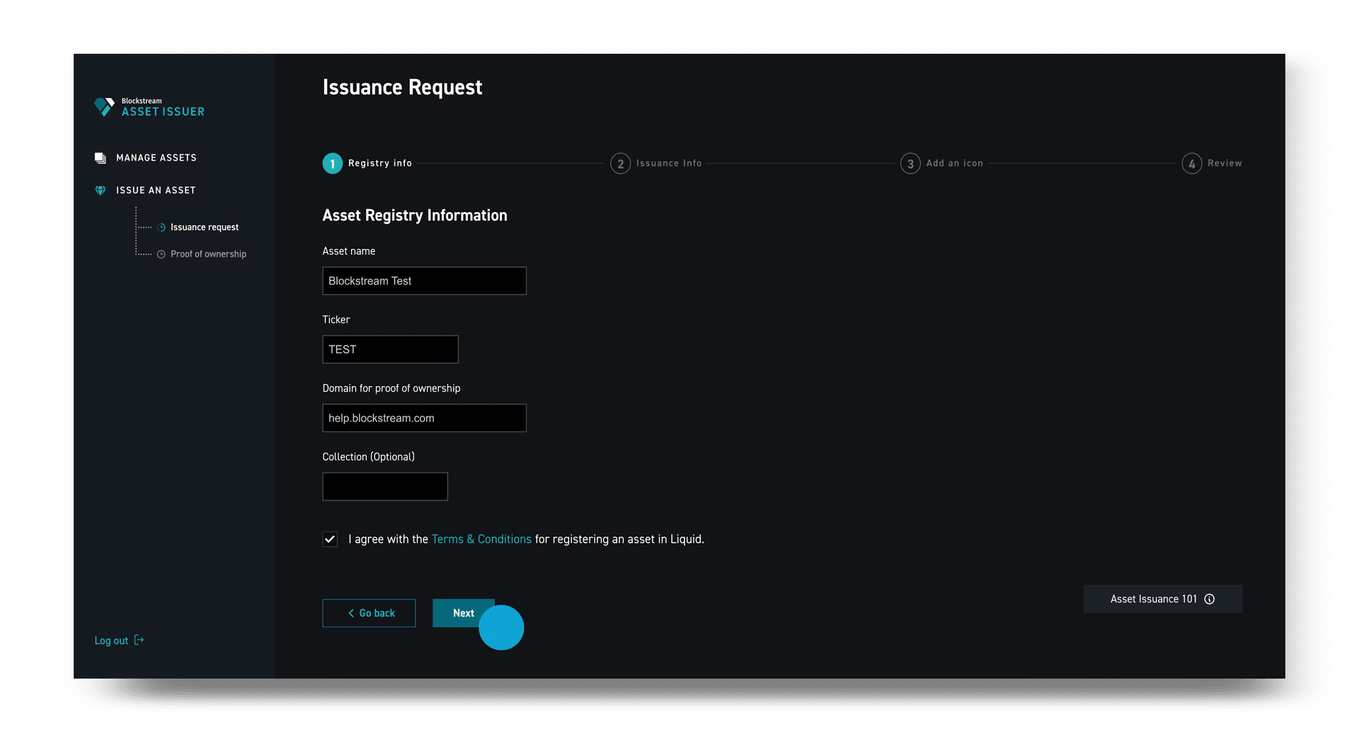 Asset details form with field descriptions