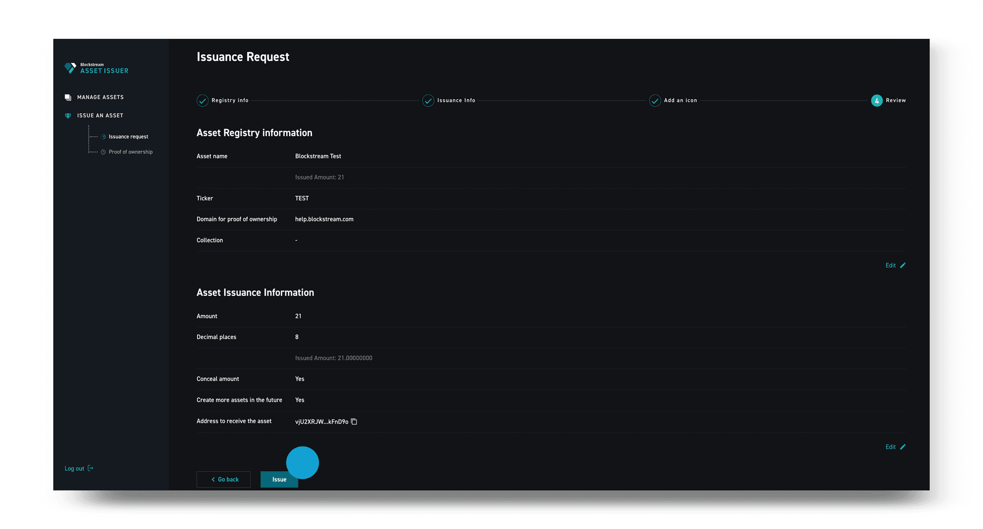 Liquid wallet showing the newly issued asset