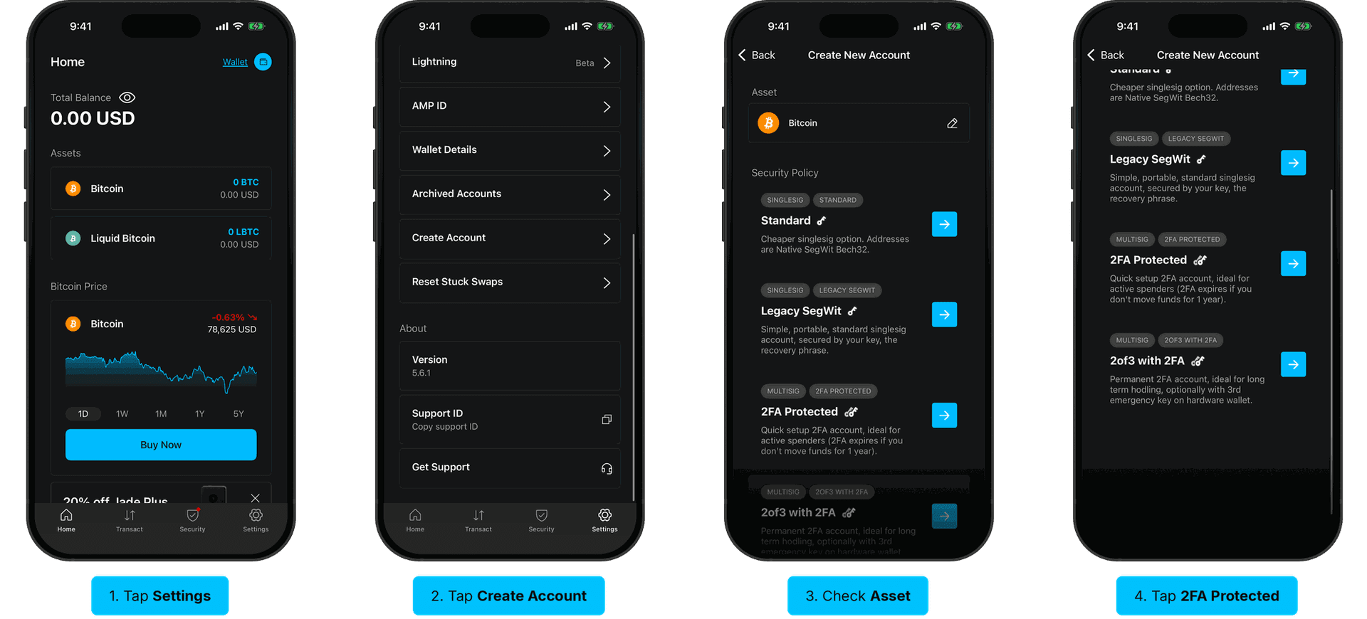 Steps to add a 2FA Protected account in the Blockstream app: tap Settings, tap Create Account, check the asset, tap 2FA Protected