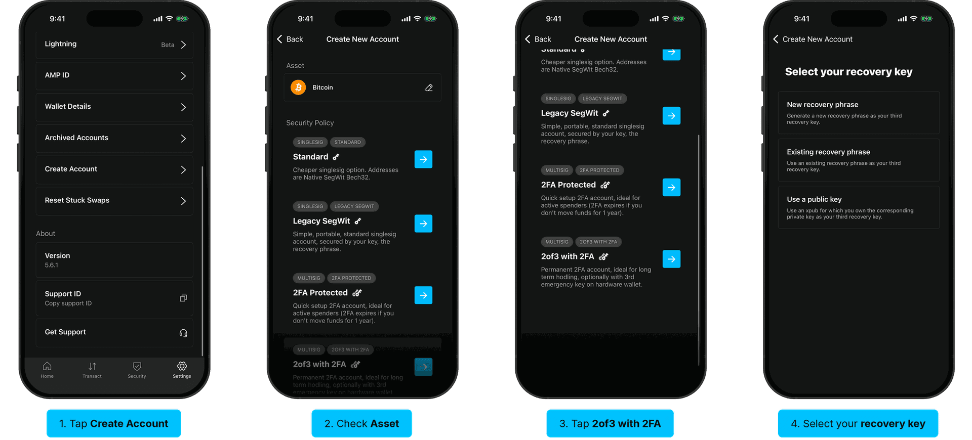 Steps to add a 2-of-3 account in the Blockstream app: tap Create Account, check the asset, tap 2of3 with 2FA, select your recovery key
