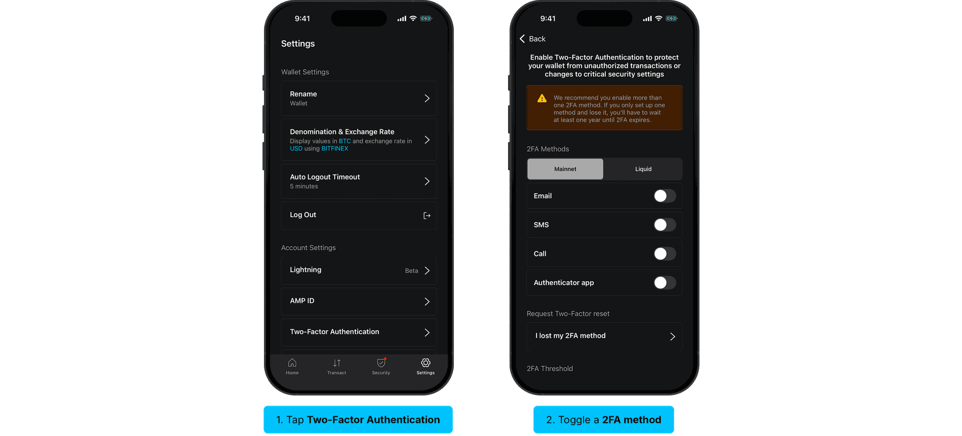 Steps to enable two-factor authentication in the Blockstream app: tap Two-Factor Authentication, toggle a 2FA method