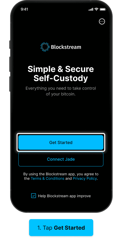 Blockstream app welcome screen with Get Started highlighted