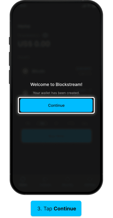 Wallet created confirmation screen with Continue highlighted
