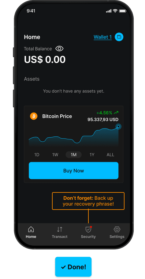 Blockstream app home screen with a reminder to back up your recovery phrase