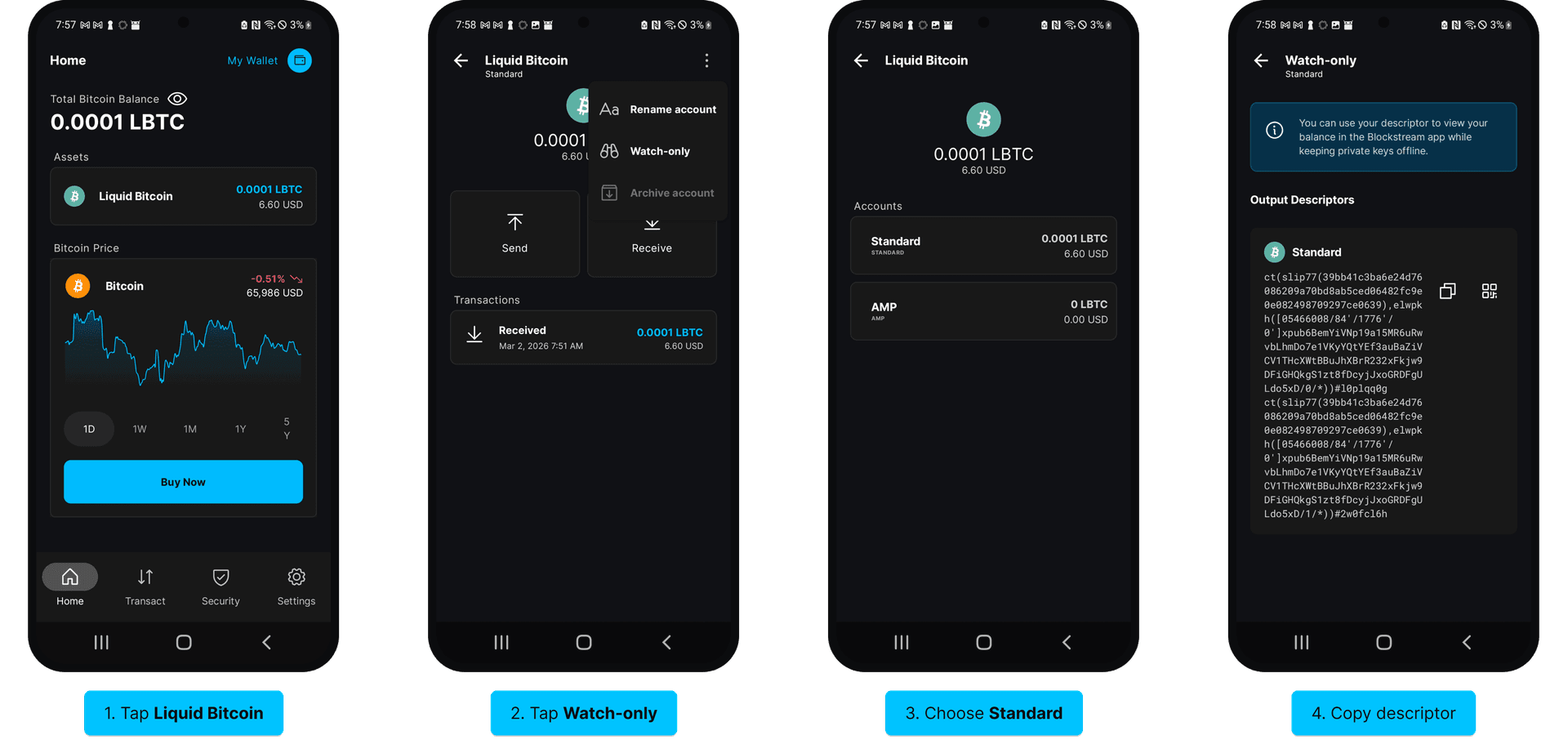 Set up watch-only on Android: tap Liquid Bitcoin, Watch-only, choose Standard, copy descriptor