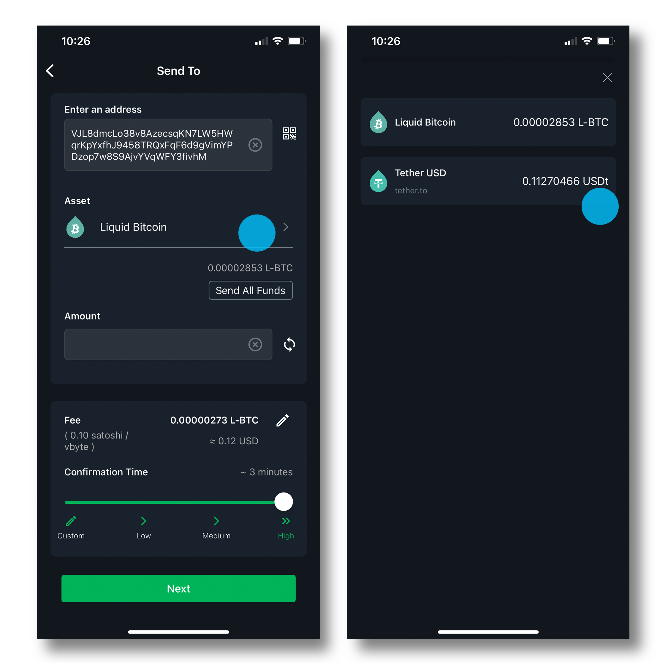Enter address and select asset