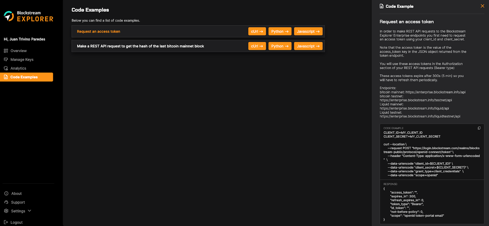 Blockstream Explorer API Code Examples page