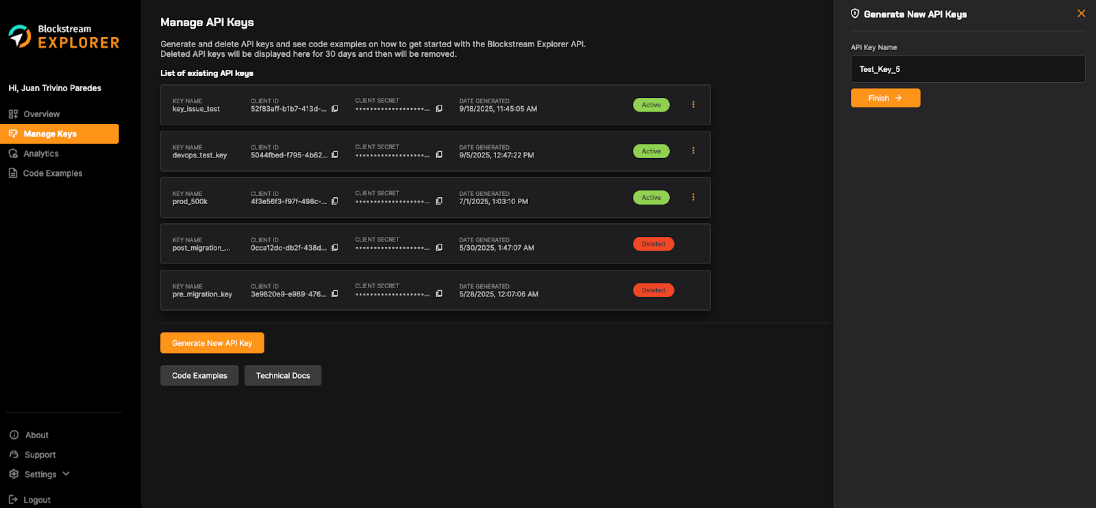 Blockstream Explorer API Manage Keys page