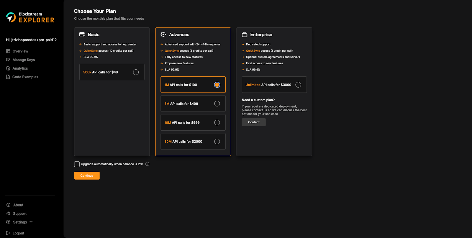 Blockstream Explorer API Choose Your Plan Page