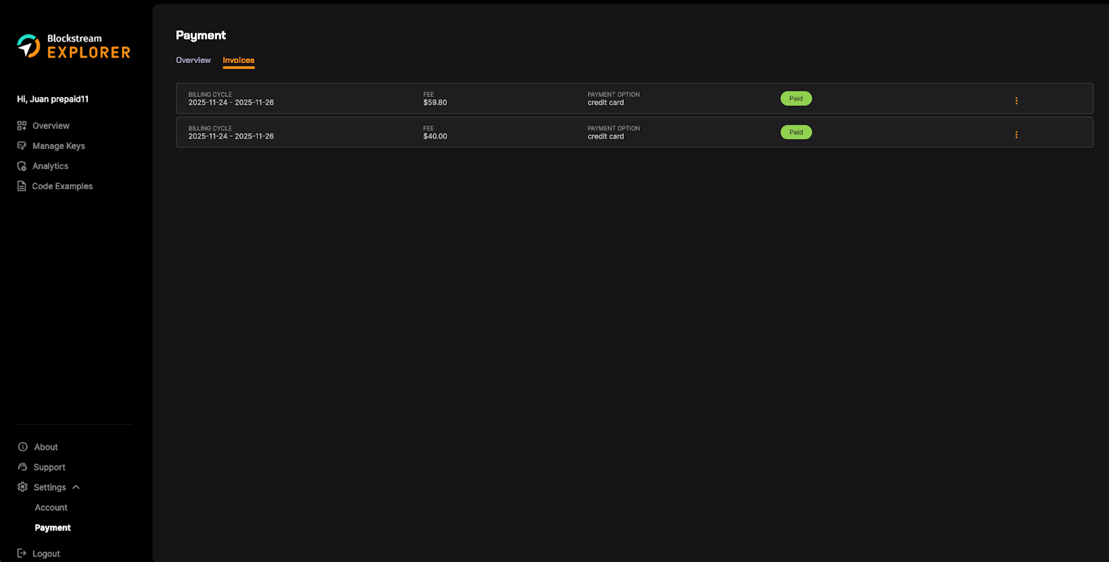 Blockstream Explorer API Payment Invoices page