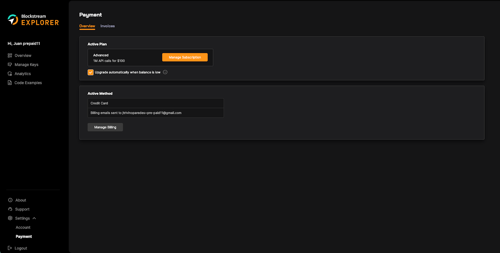Blockstream Explorer API Payment Overview page