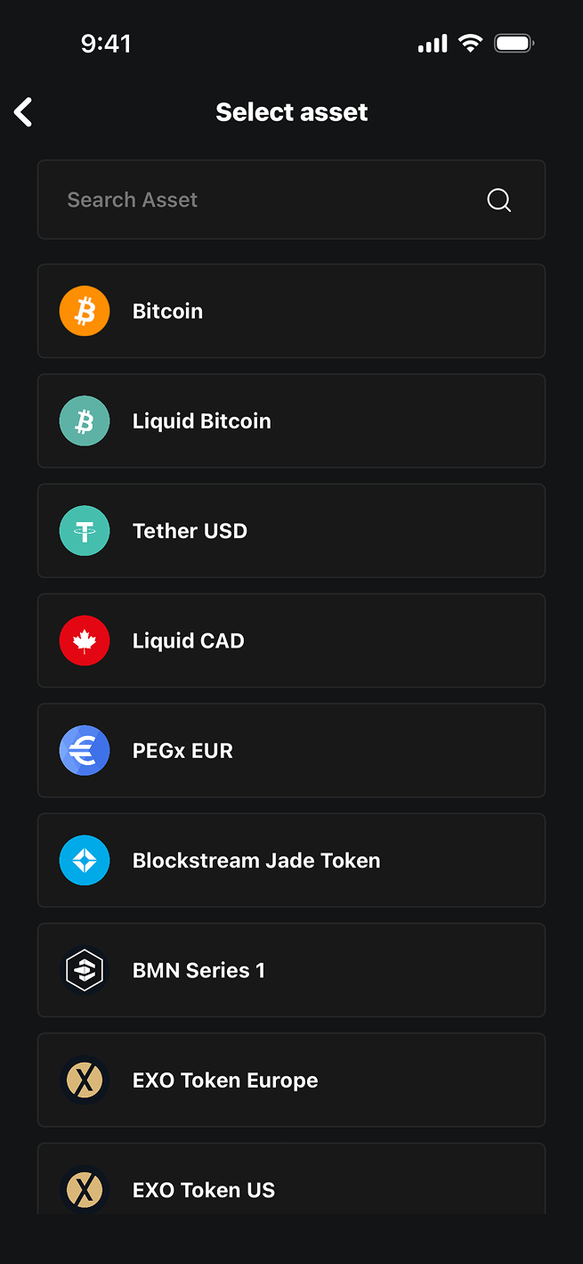 Blockstream app Select asset interface