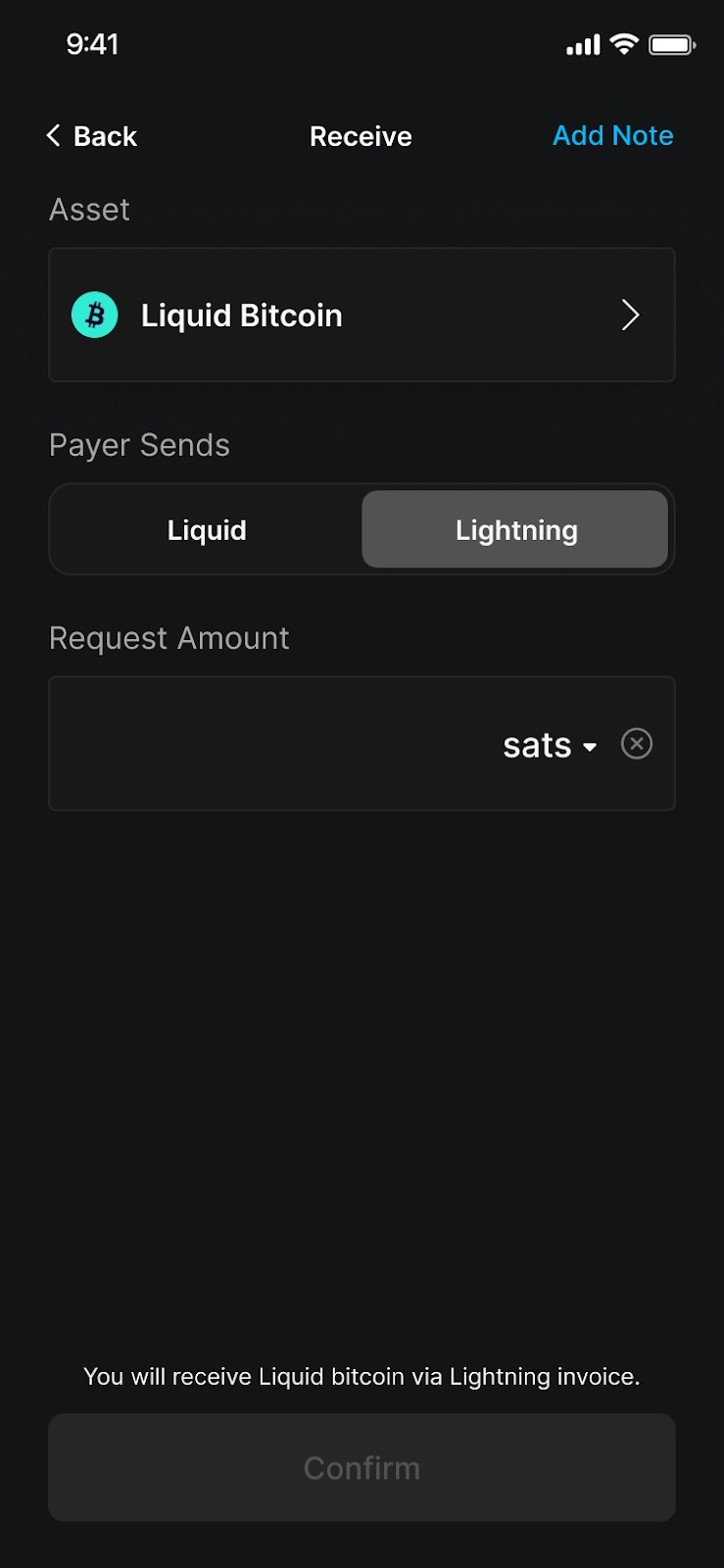 Blockstream app Receive Liquid Bitcoin via Lightning Network amount field