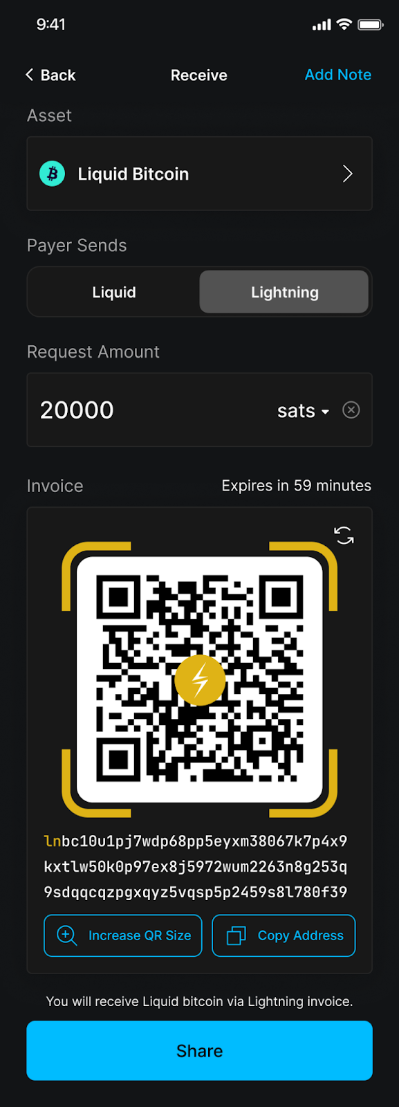 Blockstream app Receive Liquid Bitcoin via Lightning Network QR