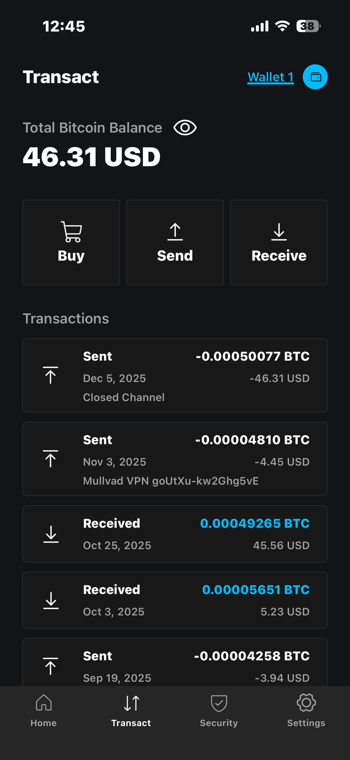 Transact page in the Blockstream app