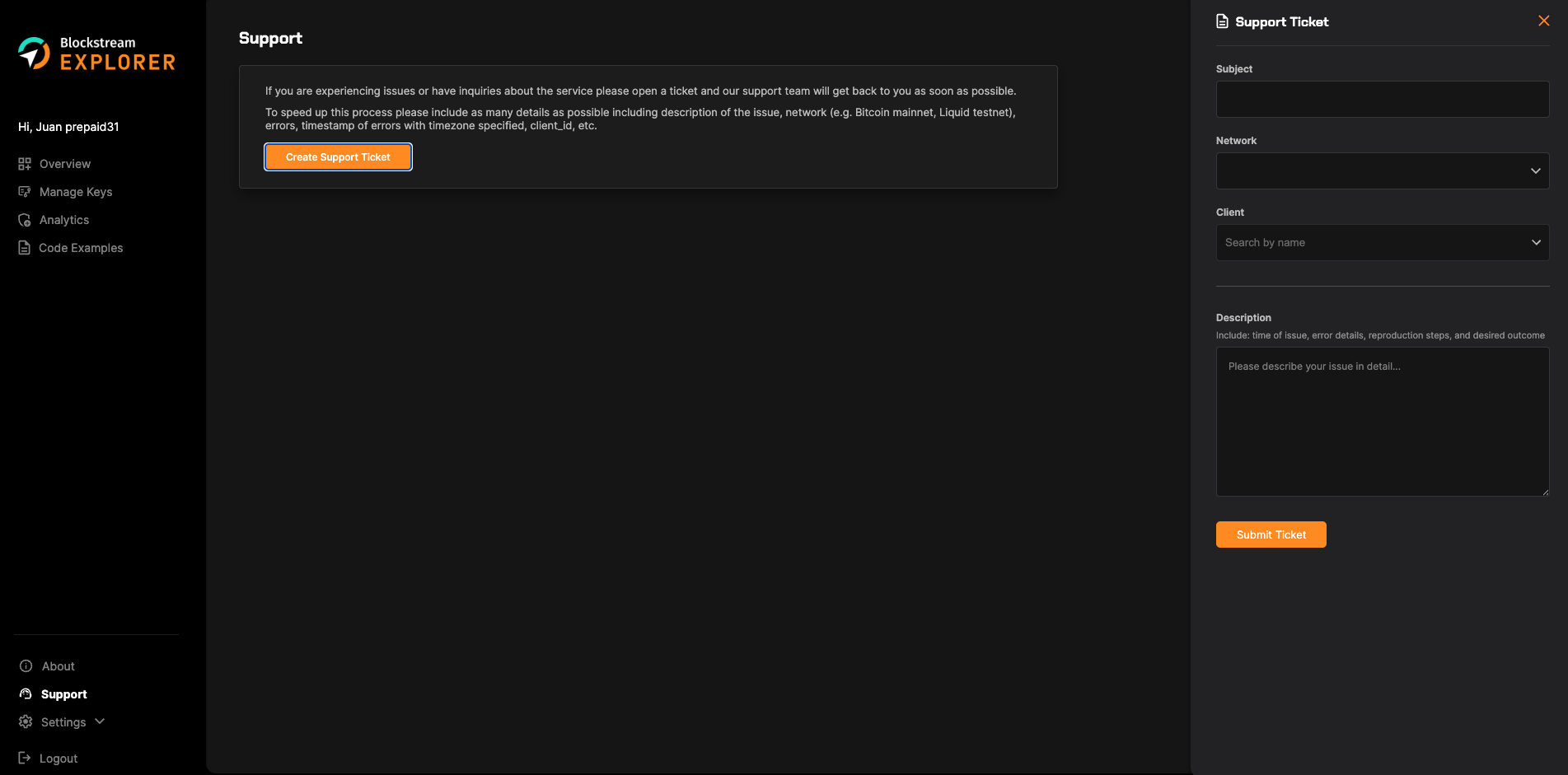Support Ticket modal on the Blockstream Explorer API Support page 