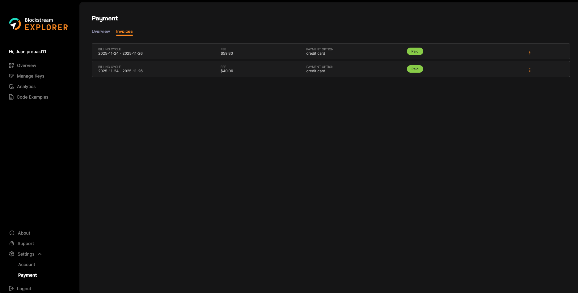 Payment invoices page in Blockstream Explorer API