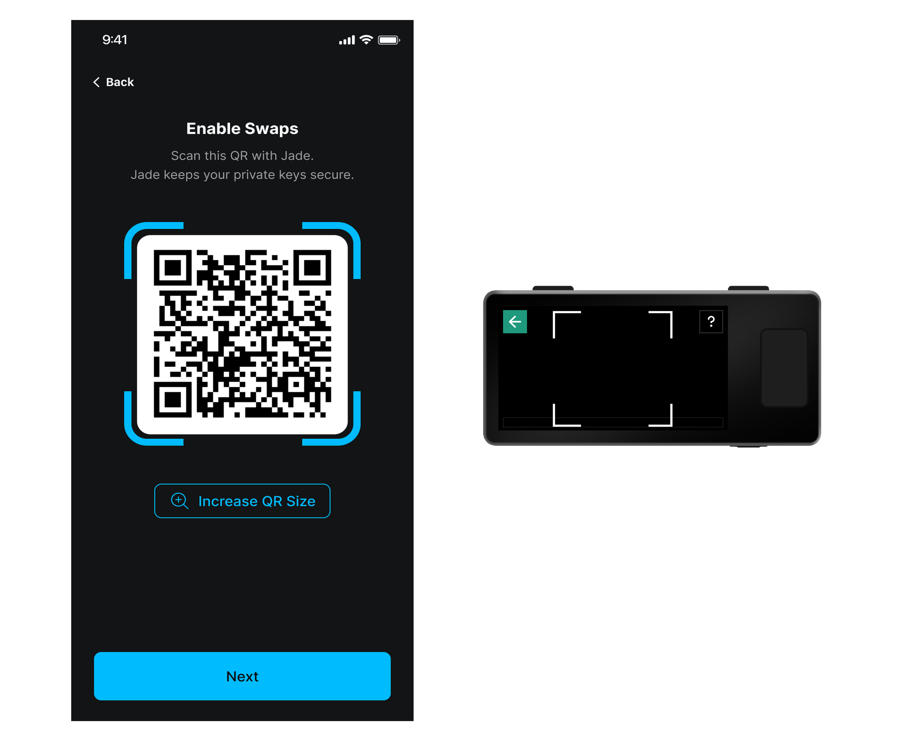 Blockstream app Enable Swaps QR screen with Jade scanning