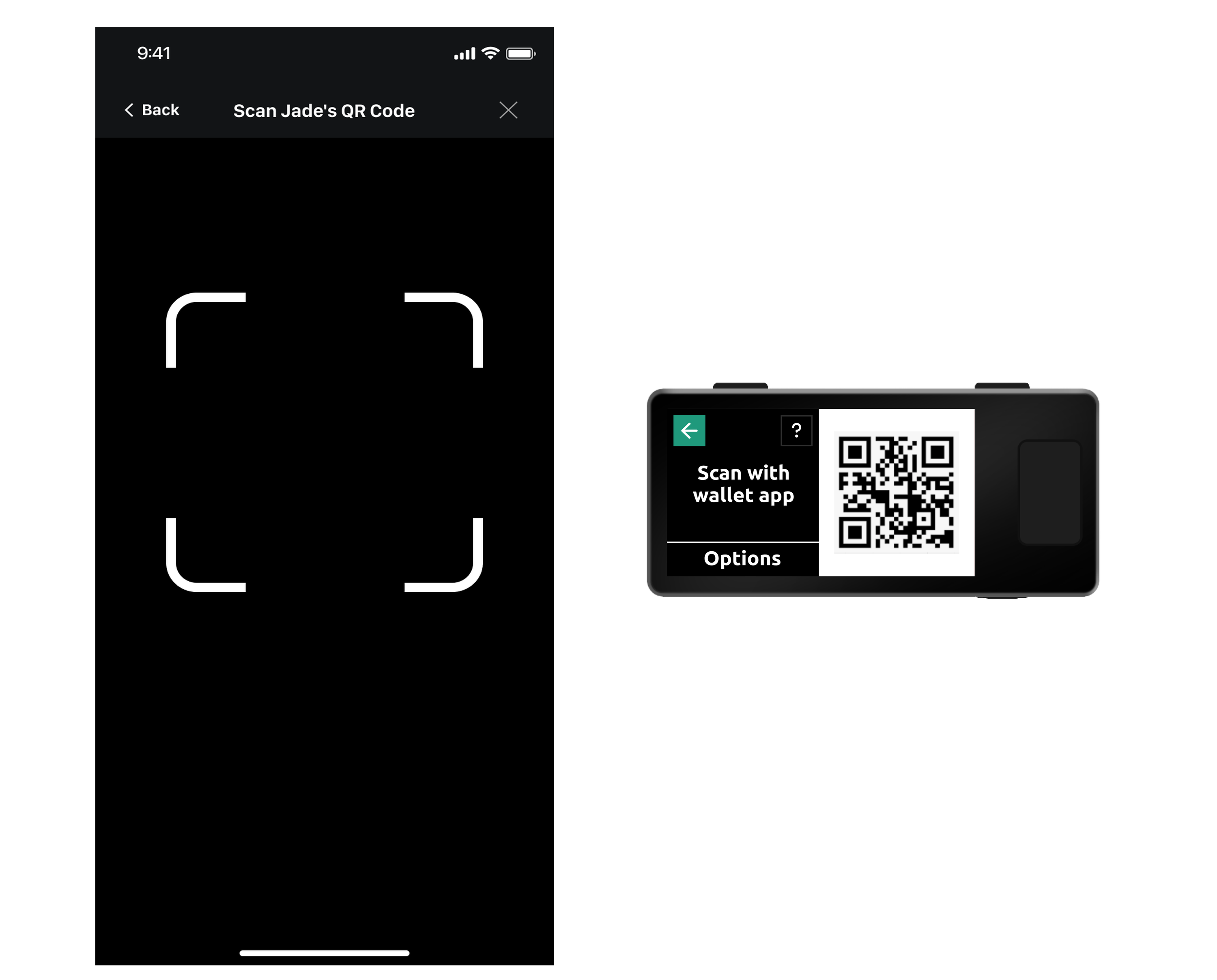 Blockstream app scanning Jade QR code with Jade displaying QR