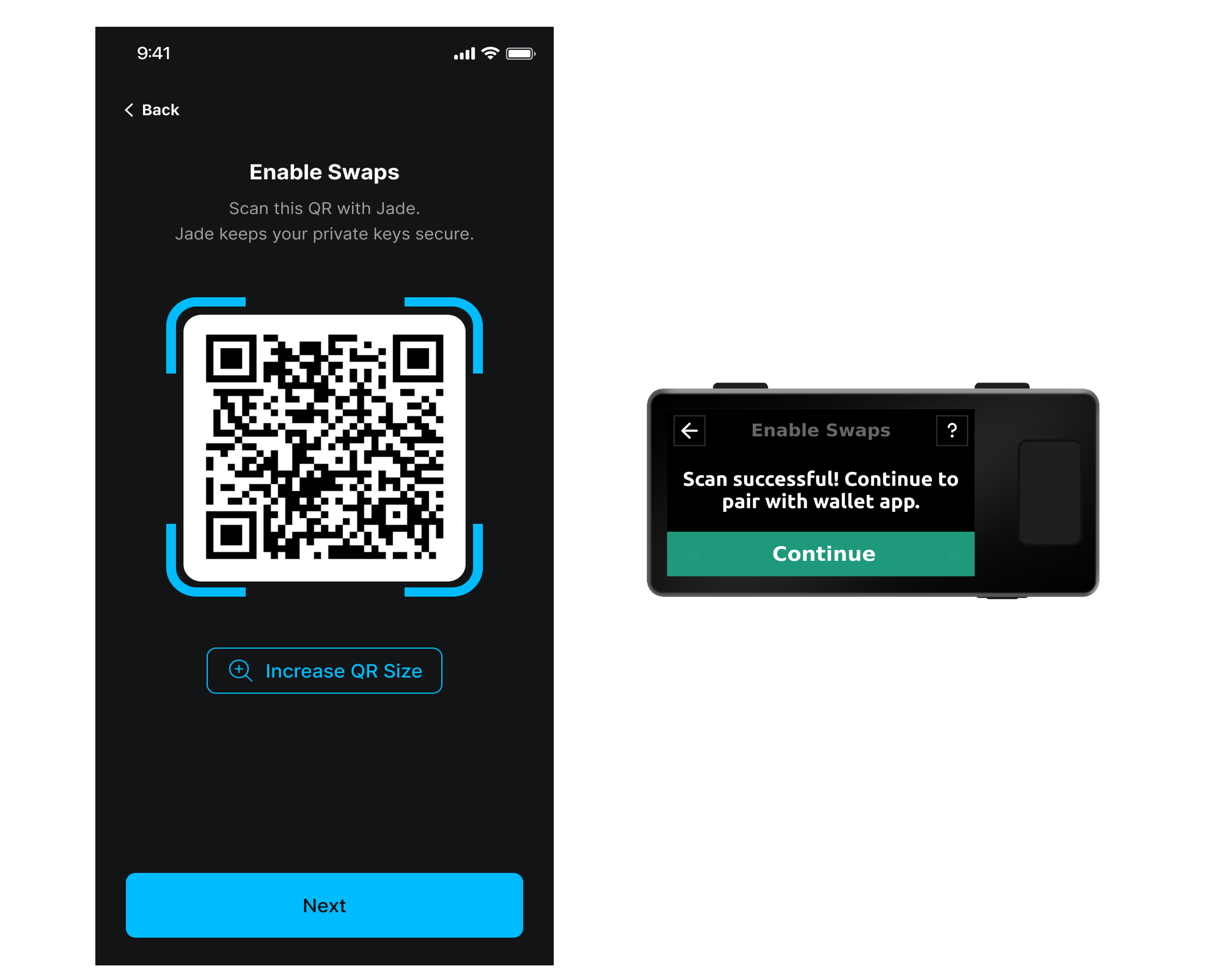 Blockstream app Enable Swaps QR screen with Jade scan successful