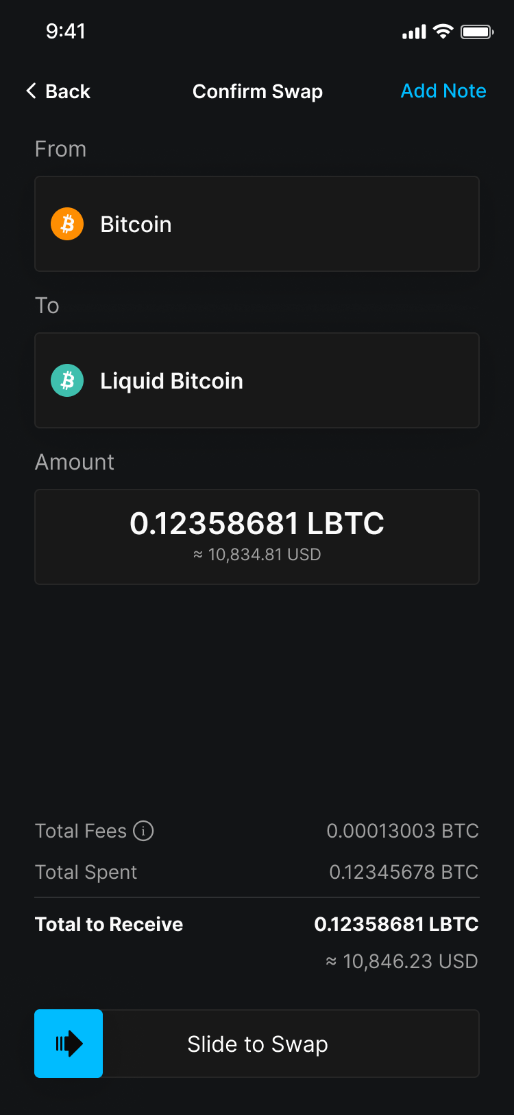 Confirm Swap screen with Slide to Swap