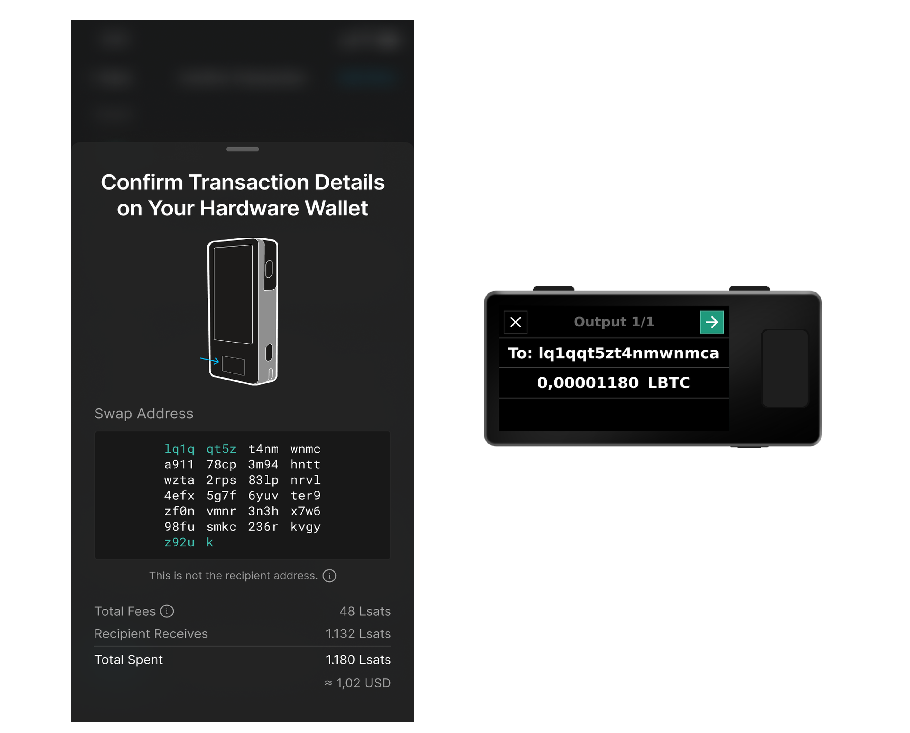 Confirm Transaction Details screen with Jade showing output