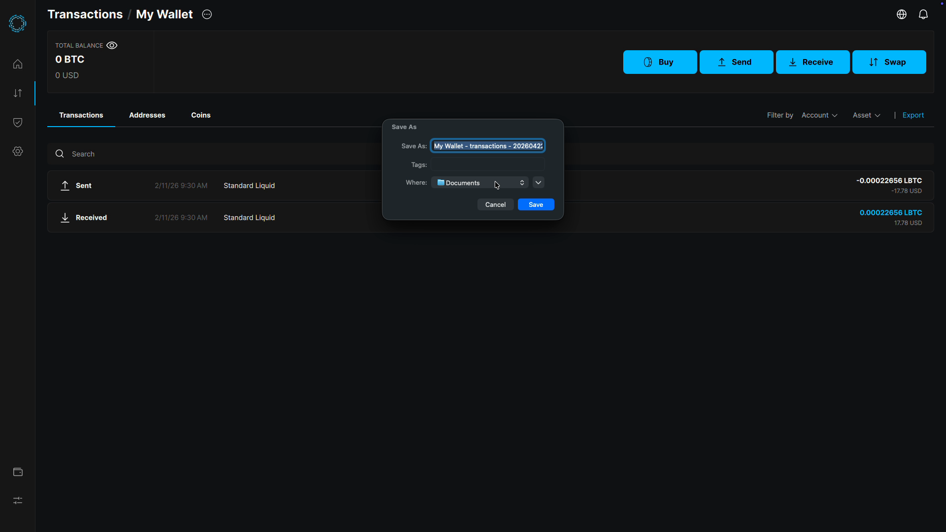 Save As dialog showing default filename for exported transactions